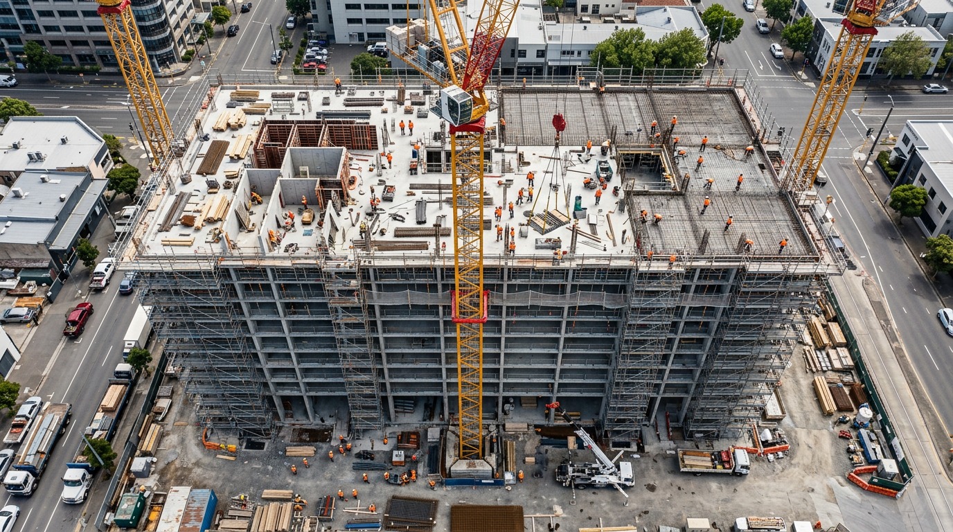 Top-down drone view of a multi-storey building under construction with tower cranes